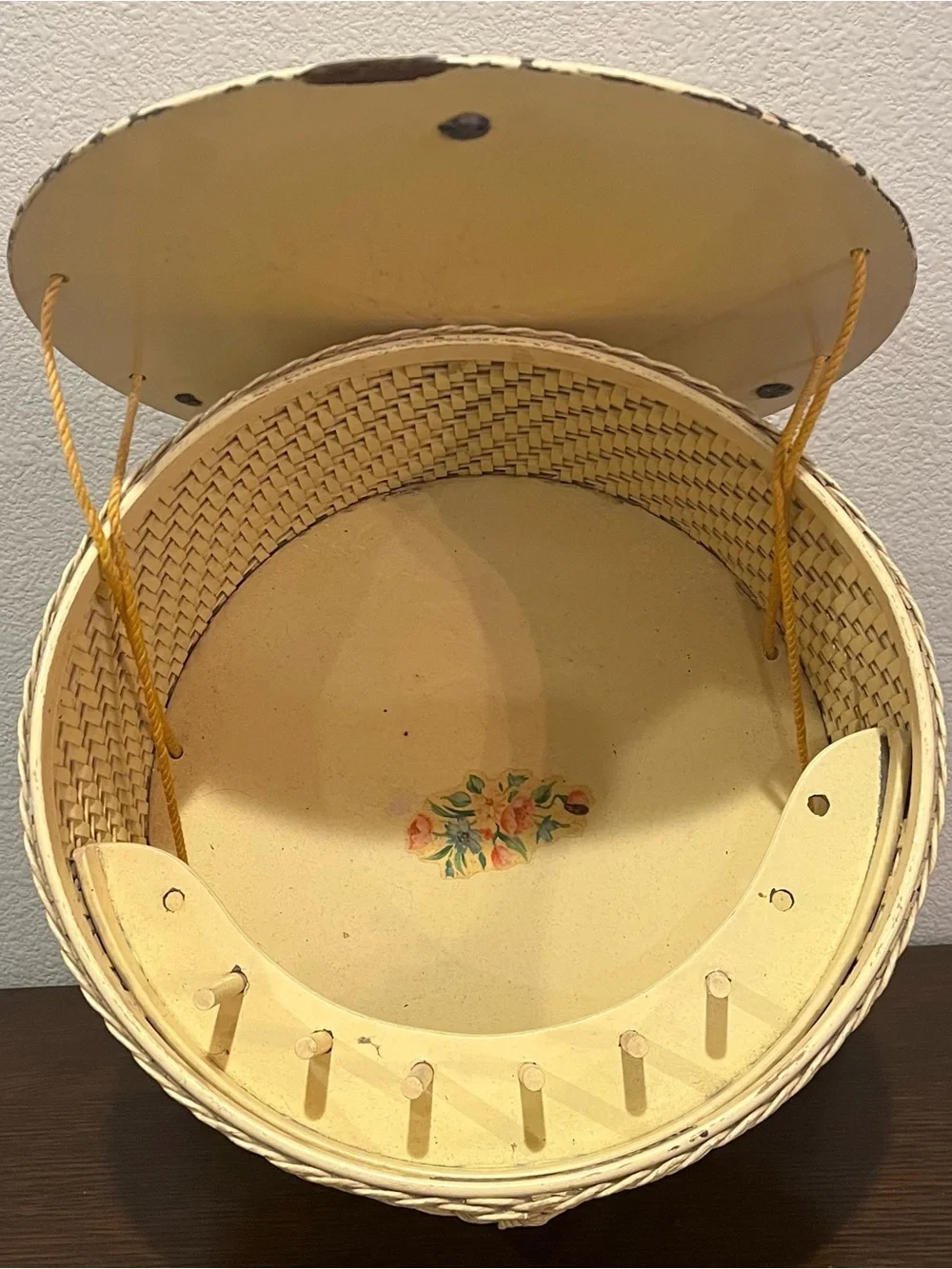 Vintage Harvey Yellow Wicker & Wood Sewing Basket with Painted Floral Enamel Lid